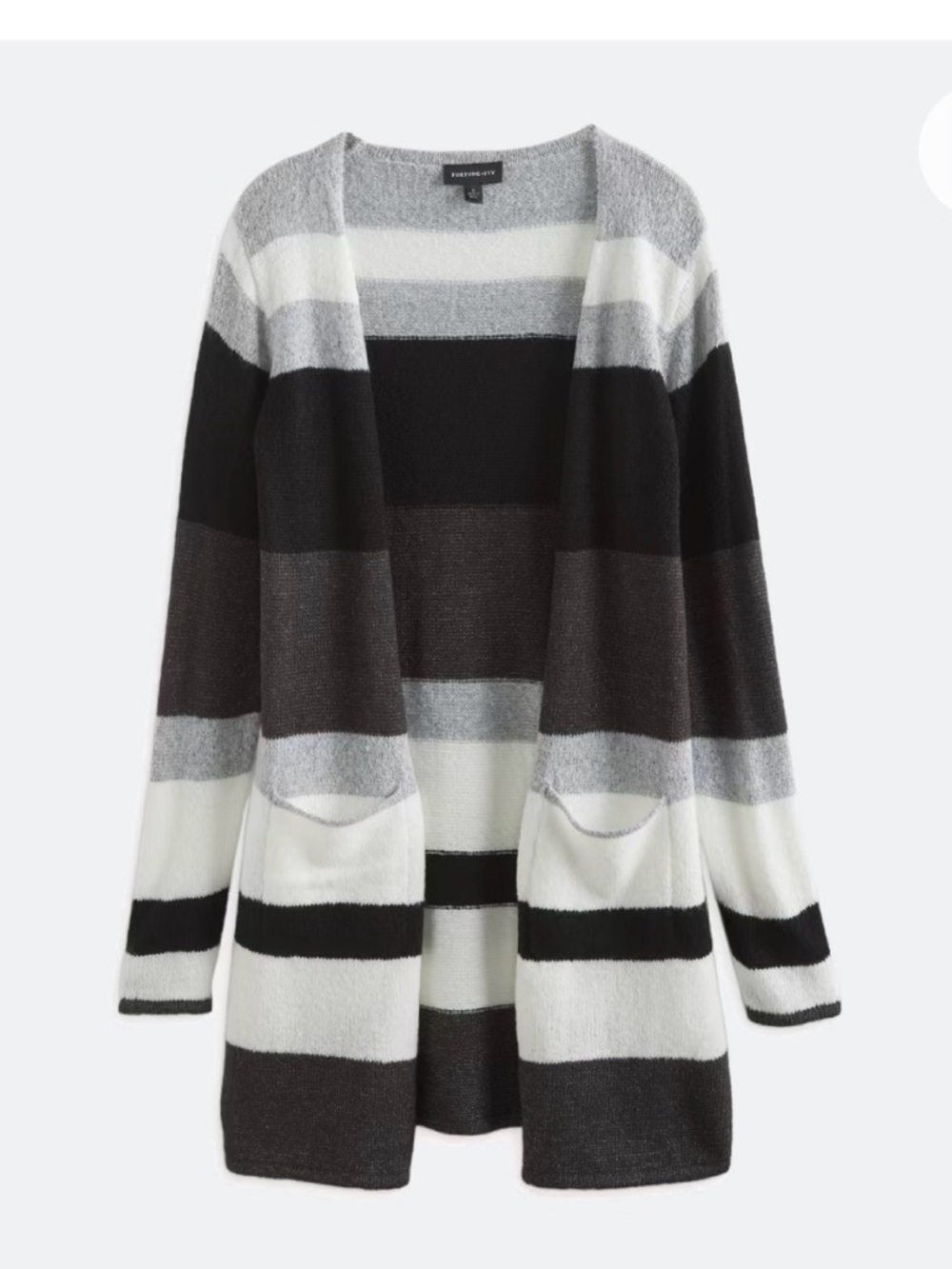 Fortune & Ivy Cozy Striped Open-Front Cardigan - Black, Gray & White